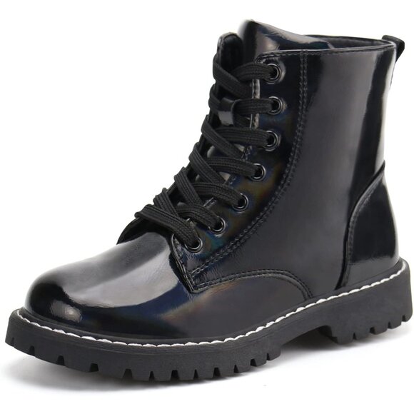 Kids Black Ankle Boots Boys Girls Side Zipper Lace Up Work Boots Combat Boots - Picture 1 of 7